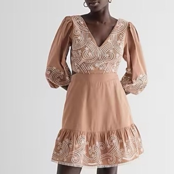 Express tan embroidered v neck open back tie back dress - Picture 4 of 13